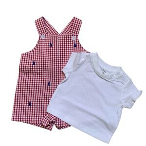 Adventurewear 360 Gingham Baby Short Overalls Blue Sailboat Embroidery 3 Months